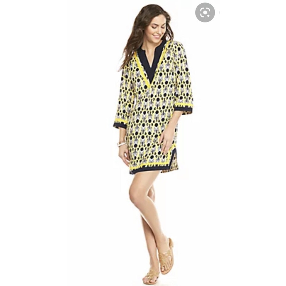 Crown & Ivy Zebra Print Tunic Dress Navy Blue Yellow 3/4 Sleeve Size 4 NEW
